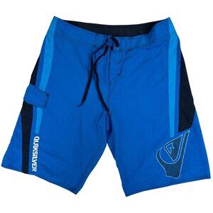 Quiksilver Mens 34 Blue & Black Board Shorts Swim Surf Beach Polyester W/Logo
